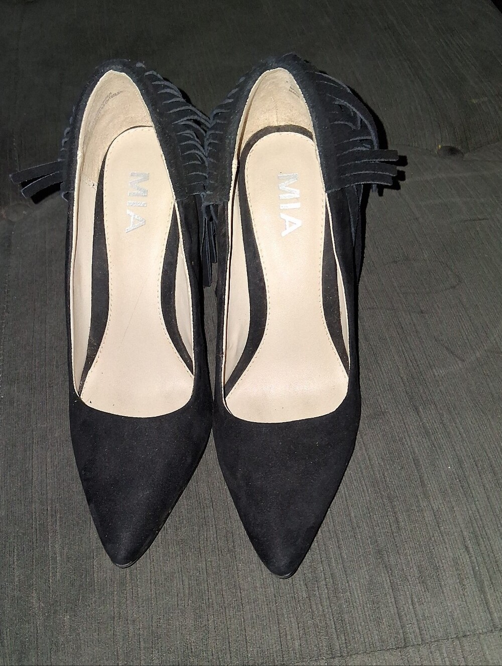 MIA Black Pointed-Toe Suede Fringe Pumps